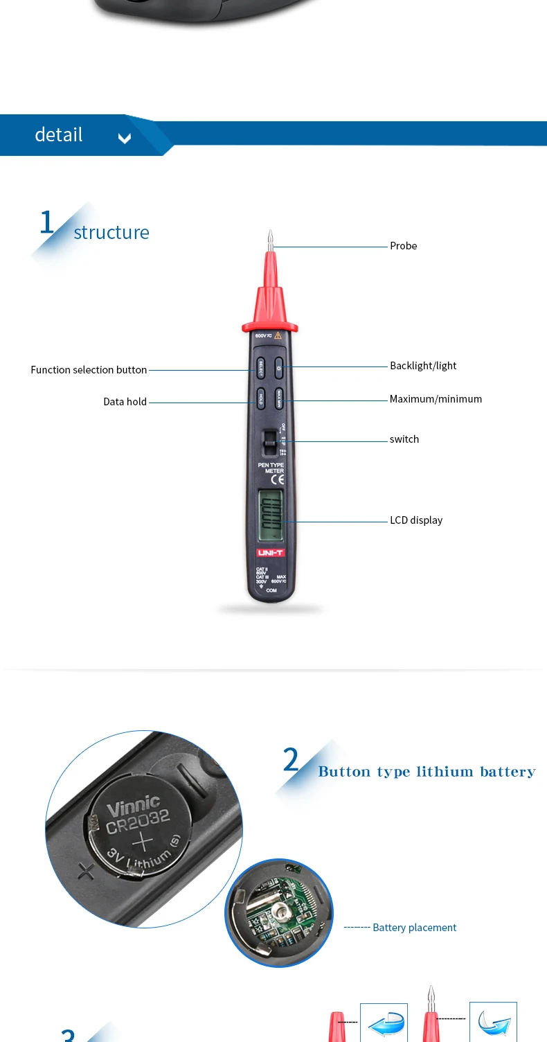 Uni-t Ut118B Цифровой амперметр Мультиметр 3000 отсчетов Функция переменного / постоянного тока Ef Тип ручки Цифровой мультиметр Измеритель-детектор тестер