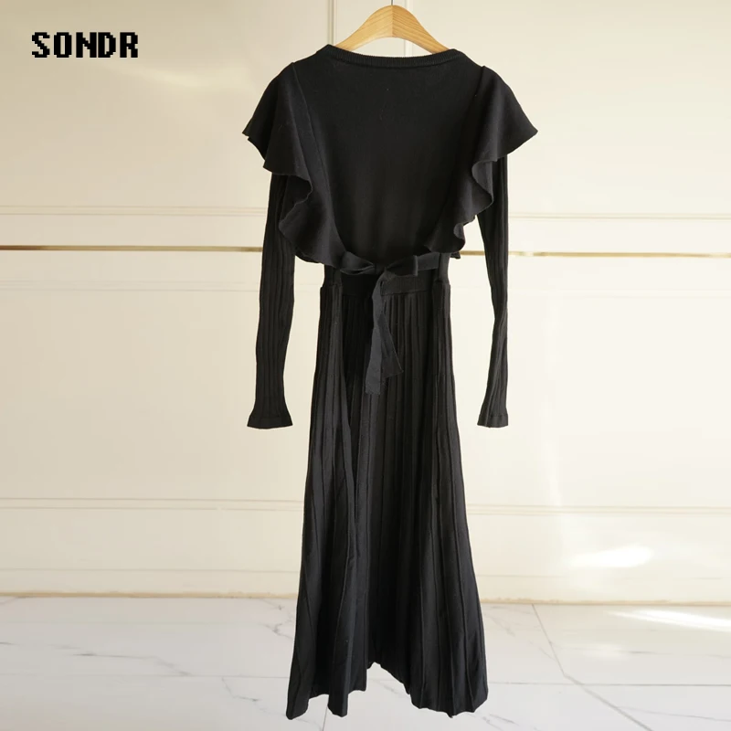 

Korean One-Piece A-Line Knitted Dress 2020 Autumn Ruffle Stitching Long-Sleeved Pleated Knitted Dress Solid Color Midi Dress