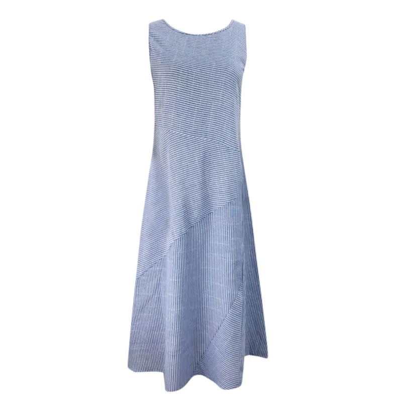

2020 Fashion Women Summer Loose Dress Casual Striped Print Sleeveless Maxi Dress O-Neck Linen Pocket Party Long Beach Dresses