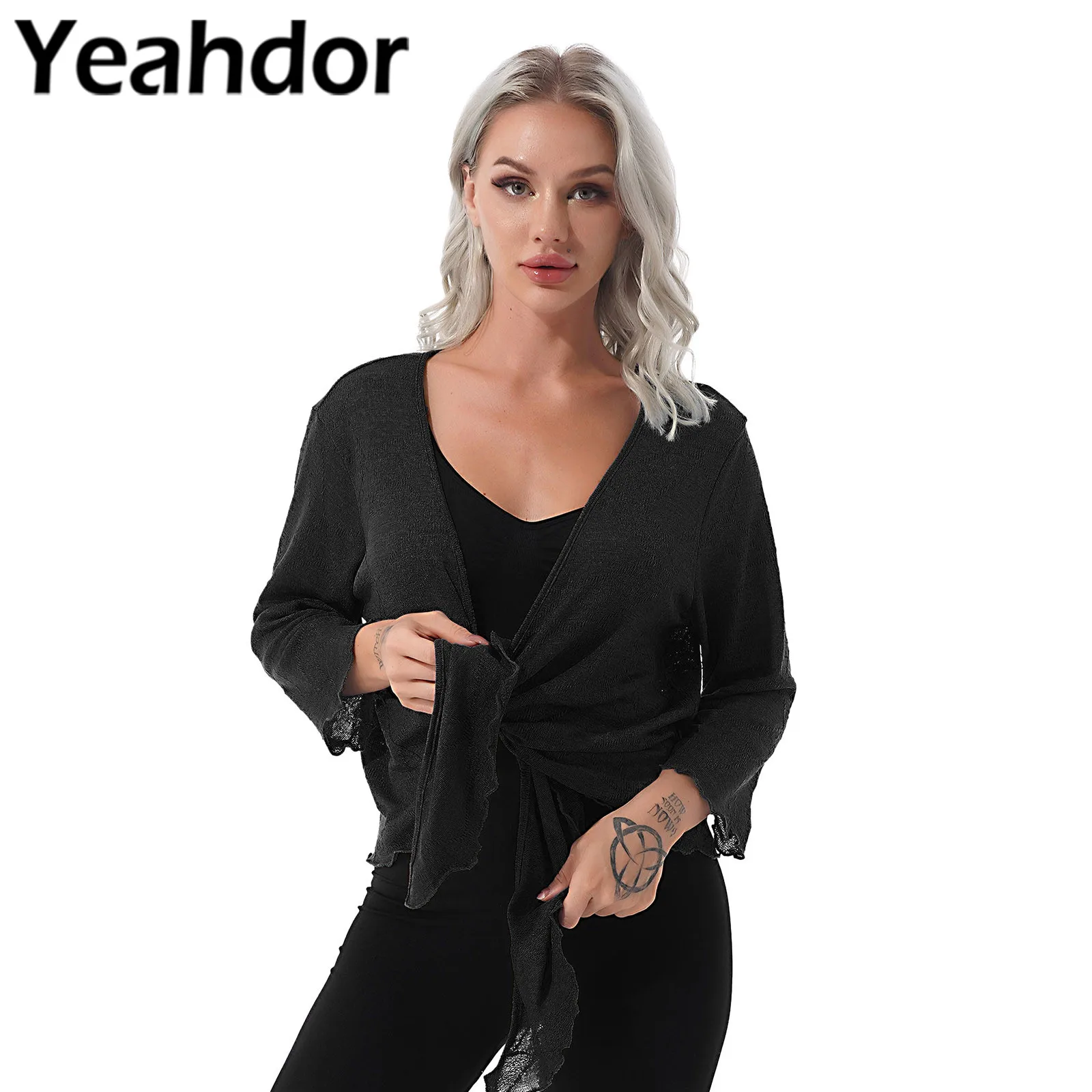 

Fashion Womens Ruffle Sheer Bolero Shawl 3/4 Sleeve Open Front Cardigan Tops Shrug Bridal Wraps for Wedding Dress Cover Ups