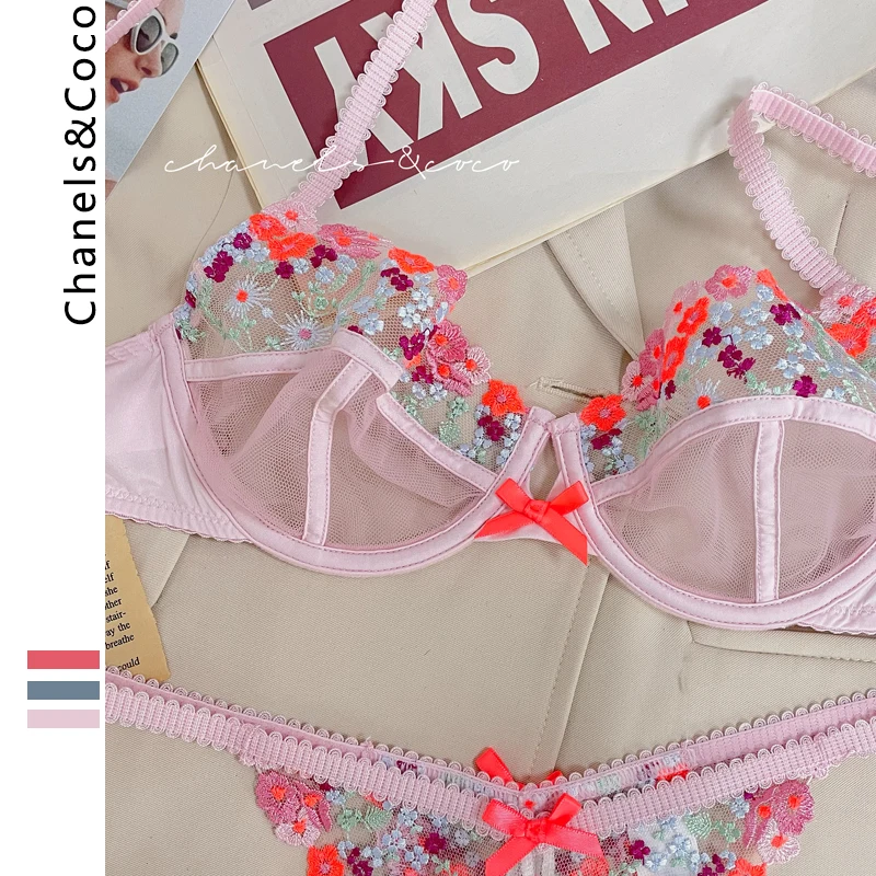 

Sexy women embroidered flower lingerie sets ultra-thin underwear lace temptation push up thong bra sets