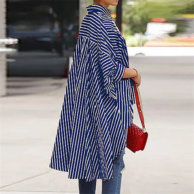 

Hot Sale Women Loose 3/4 Sleeve Summer/Autumn Blouse Asymmetry Striped Casual Shirt arrival Turn Down Collar Button Down Blouse