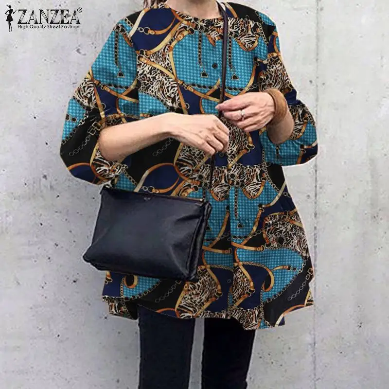 

2022 Fashion Ruffle Tops Autumn Oversize Tunic Lady Casual Swing Chemise Women Elegant O Neck Blusas ZANZEA Retro Printed Blouse