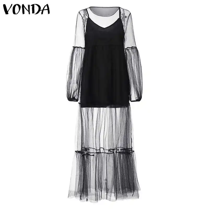VONDA, макси платье, женское,, осеннее платье, сексуальное, v-образный вырез, фонарь, длинный рукав, высокая талия, Платья для вечеринок, длинное, Vestidos размера плюс, Халат - Цвет: Black