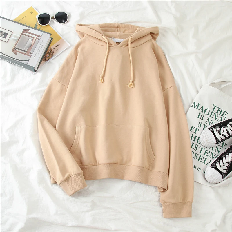 

Hoodies Women Solid Loose Hooded Simple Elegant All-match Korean Style Harajuku Womens Candy Color Leisure Pullover Clothes Chic