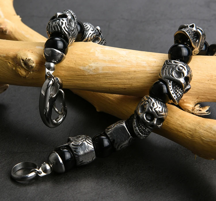 Мужской золотистый браслет с черепом из натурального камня нержавеющей стали |