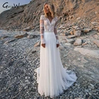 Новинка женское винтажное кружевное богемное свадебное платье с V-образным вырезом длинными рукавами пляжное платье-трапеция с прозрачной спинкой