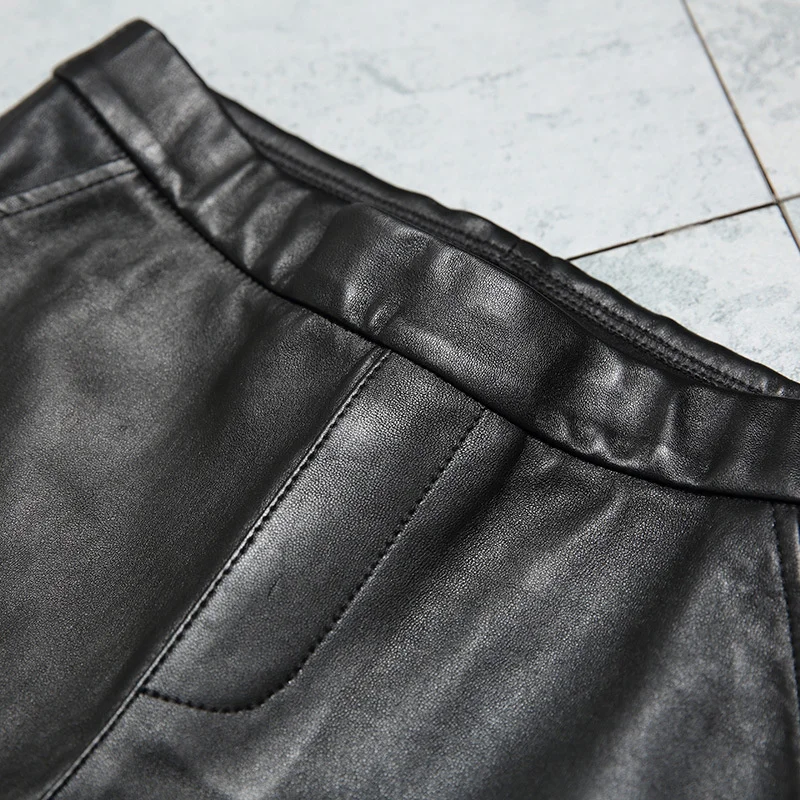 

2022 New Autumn new genuine leather thin black fashions drawing elastic waistline pants of concise women high waist pencil pants