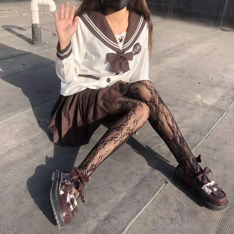 

Hanato Lolita Stocking JK Japanese Style Lace Black White Flower Mesh Sexy Stockings Breathable Knee High Socks Rhinestone носки