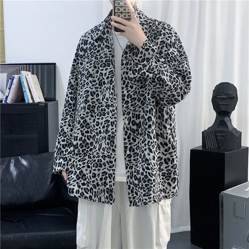 

2021 Мужская футболка с длинным рукавом с леопардовым принтом гавайская рубашка Camisa Masculina тенденции моды французскими манжетами, рубашки для мальчиков с длинными рукавами M-2XL