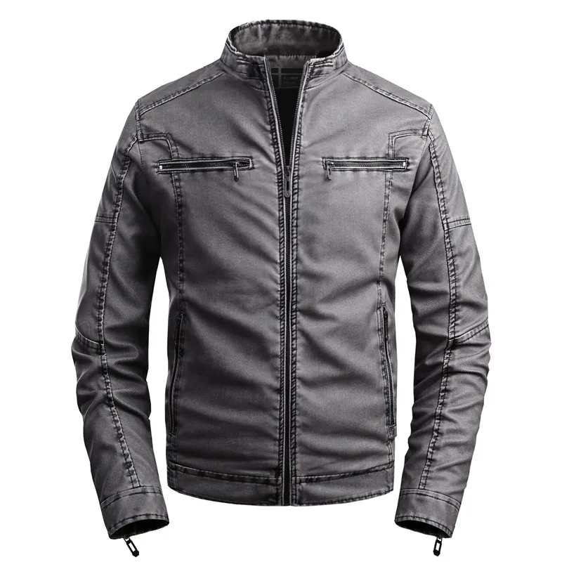 Новая Осенняя модная мужская кожаная куртка с воротником стойкой и бархатной