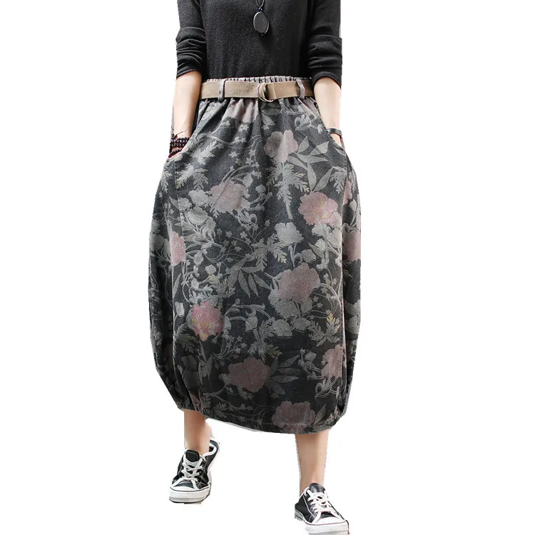 2020 джинсовая юбка литературная Ретро Печать пояс эластичный деним стрейч талии
