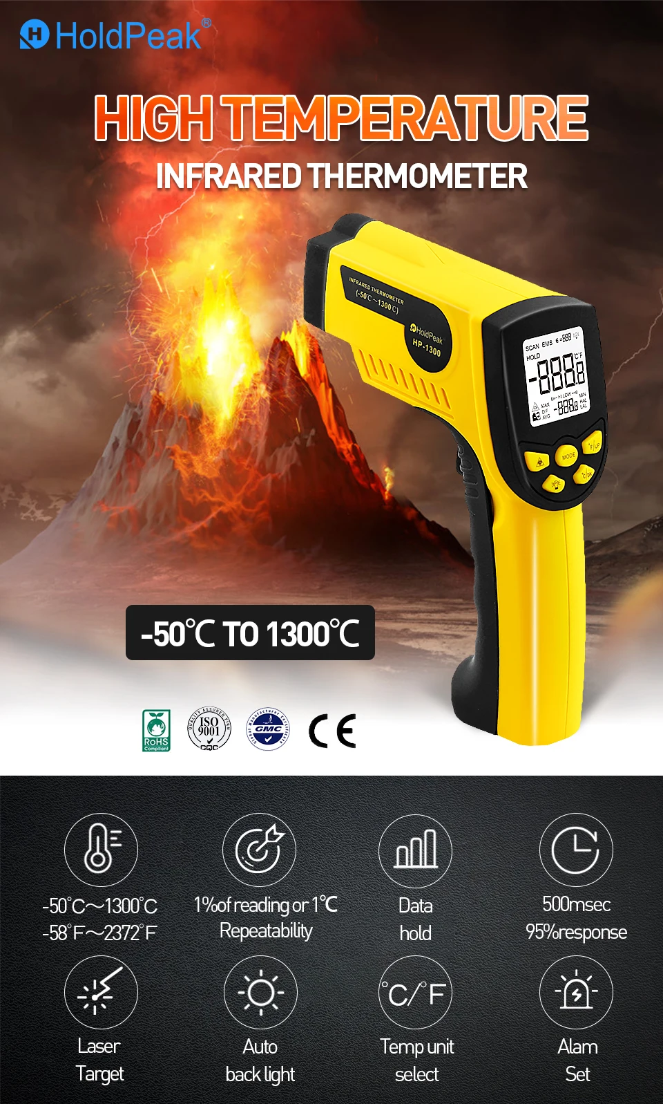 HoldPeak hp-1300 цифровой лазерный инфракрасный термометр-50'C~ 1300℃ температурный пистолет Termometro пистолетный тестер