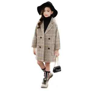 Детская одежда пальто для девочек Новинка 2020 года, зимняя куртка для маленьких девочек повседневное шерстяное пальто в клетку с воротником-стойкой на осень