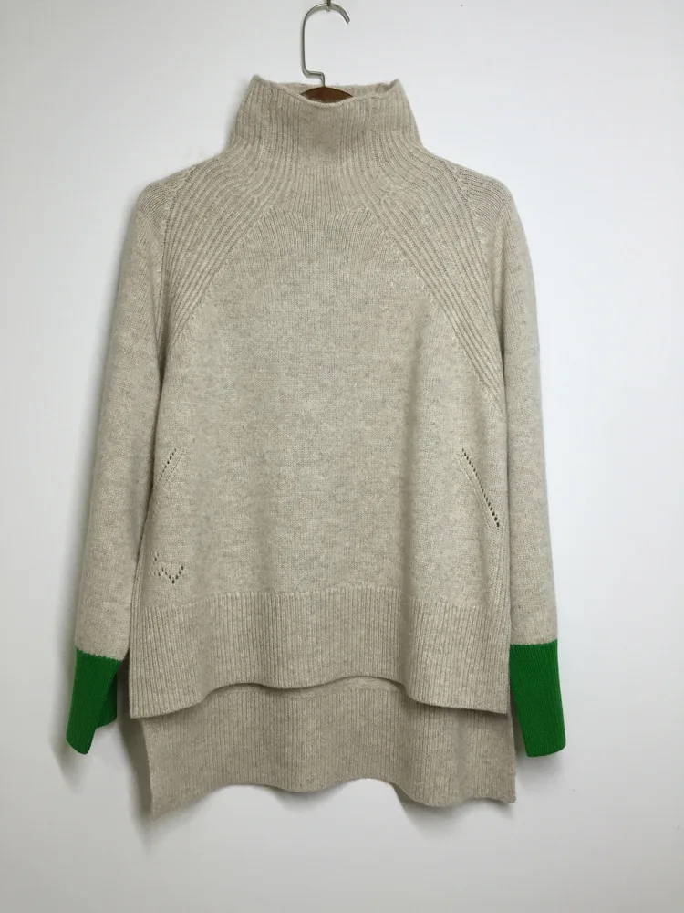 Серый Women Sweater Short Short Back Color Contrast Irregular High Collar Cashmere Sweater Ladies Sweater - Цвет: Серый