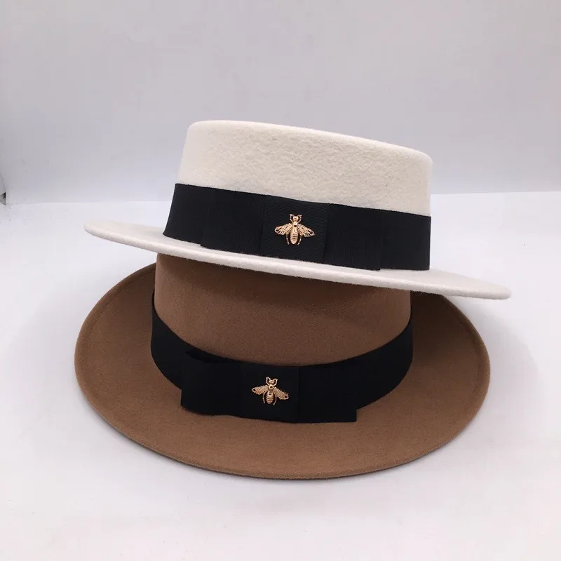 

202109-nao-bee autumn winter classic wool felt ribbon lady fedoras cap men women leisure panama jazz hat