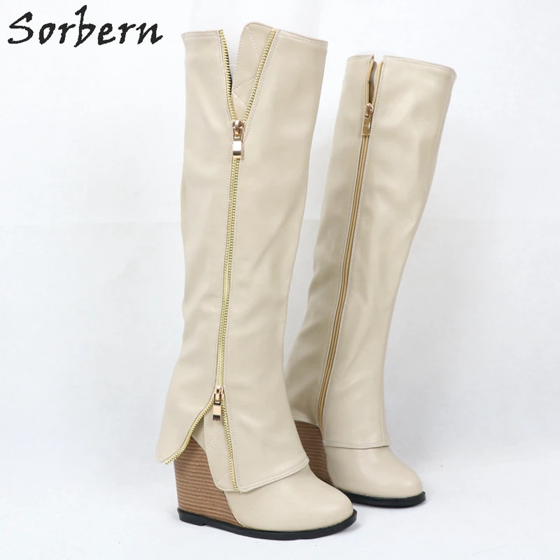 Sorbern/женские сапоги до колена цвета хаки на танкетке высоком каблуке молнии botas
