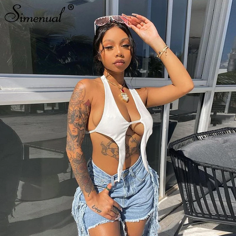 

Simenual Sexy Asymmetrical Tie Up Halter Top Summer 2021 Fashion Clothes Midnight Clubwear Women Cropped Tank Tops Party Hot
