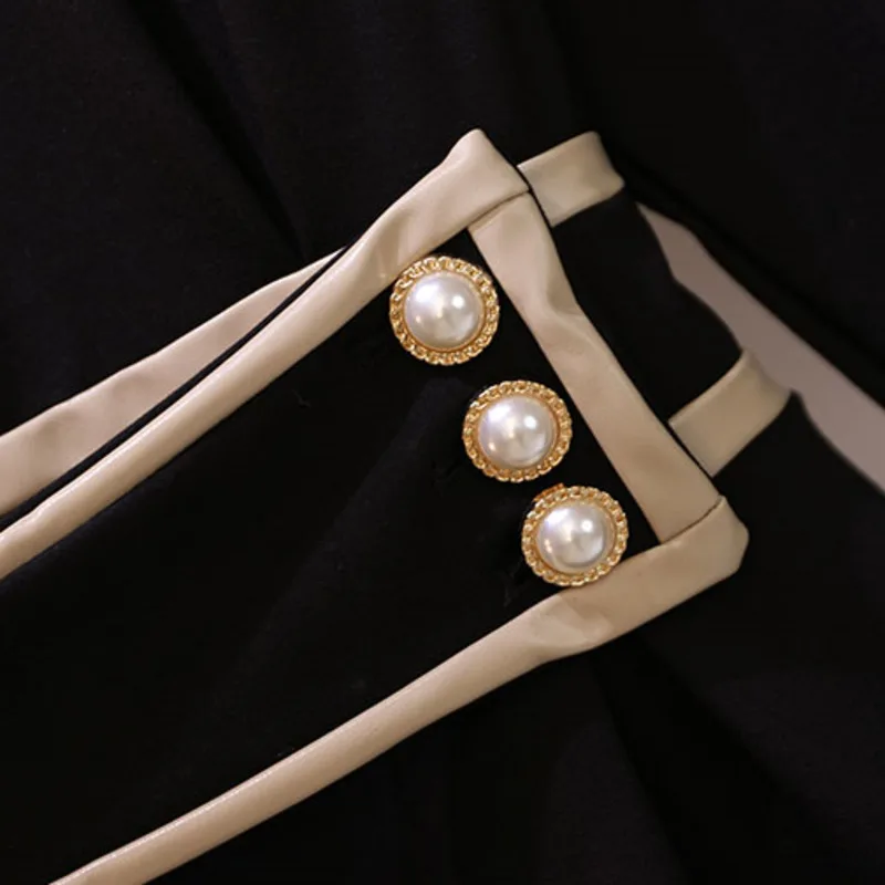 

Plus Size office ladies Long Sleeve dresses Pearl Vintage black mini dress Women Korean Elegant High Waist A-line Dresses