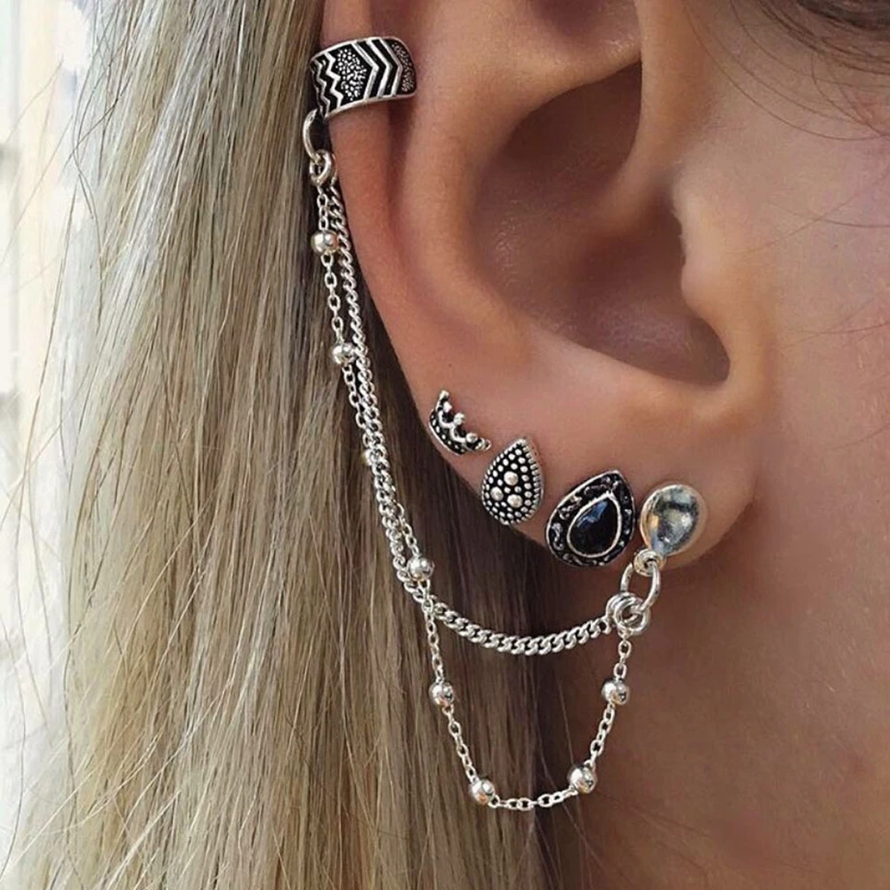 

4PCS Bohemian Retro Crown Ear Bone Black Crystal Tassel Chain Earrings Ear Cuff Clip for Women Jewelry
