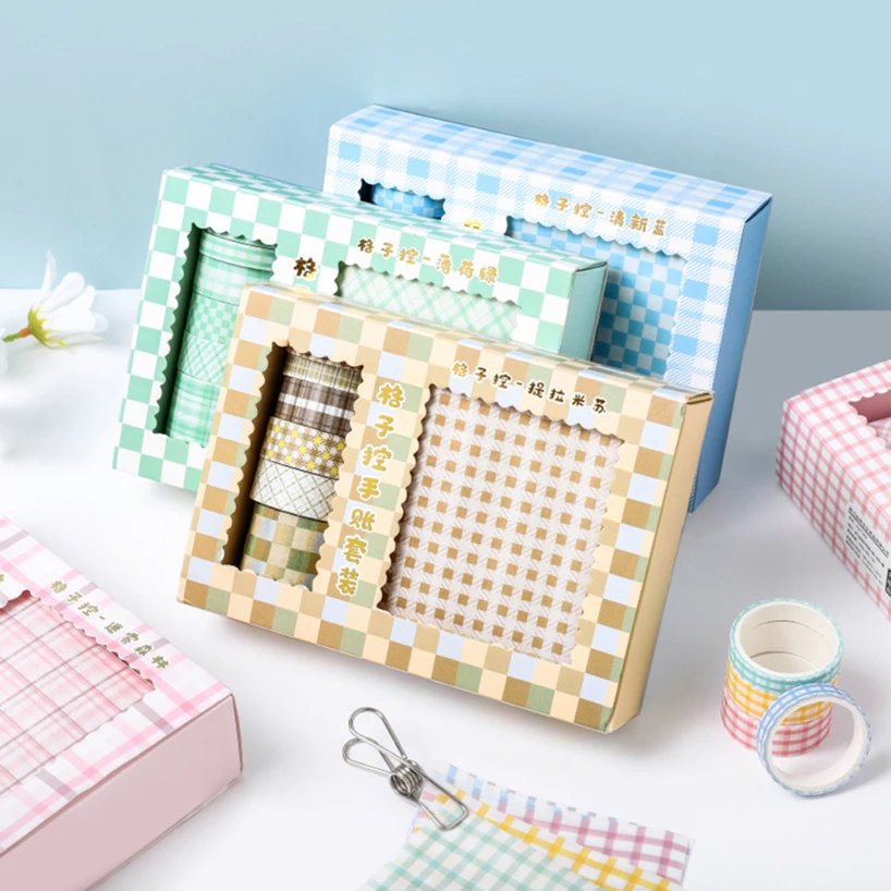 

12Pcs Grid Washi Tape Vintage Stickers Set Journaling Stationery Washitape Diary Supplies Scrapbooking Decorative Adhesive Tape