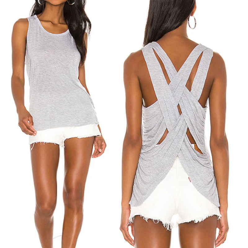 

Summer Lace Up Backless Women Tank Gray Sexy T Shirt Cotton Top Ladies Casual Tshirt Running Fitness Top Workout Tee Shirt Femme