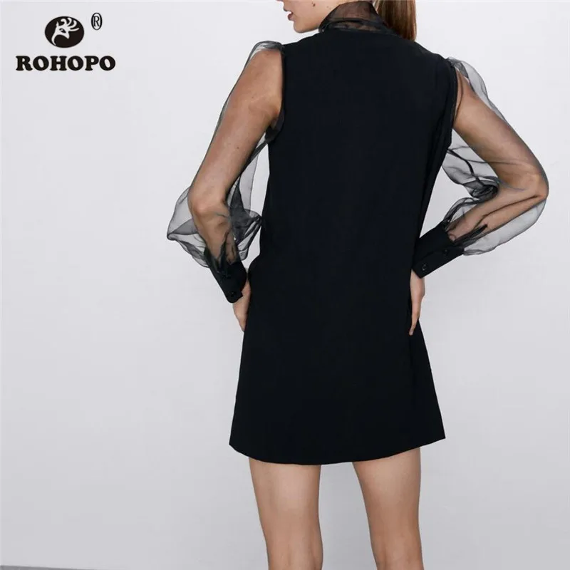 ROHOPO Tulle Sleeve Bow Collar Black Straight Mini Dress Long Ladies Retro Semi Sheer Solid Vestido #9859 | Женская одежда