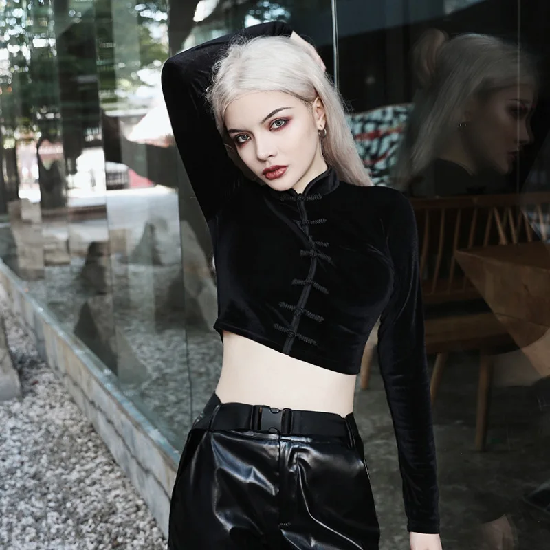 

Punk Women's T-Shirt Long Sleeve Mandarin Collar Sexy Tops for Women Button Gothic Black Crop Top Party Club Hot Harajuku Shirt