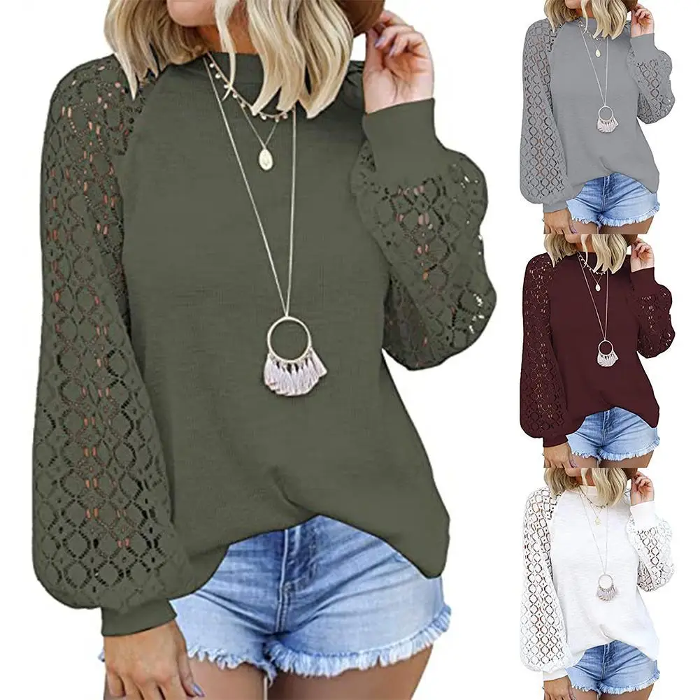 

Stylish Women Hollow Out Lace Patchwork Puff Sleeve Loose Blouse Shirt Pullover