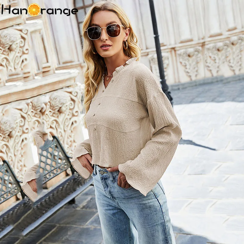 

HanOrange Autumn Solid Color Ruffled V-neck Wrinkle T-shirt Loose Temperament Slim Fashionable Long-sleeved Tees