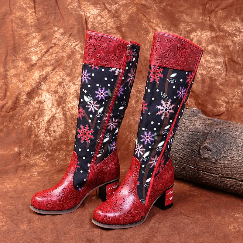 

Vintage Patchwork Western Cowboy Boots Women Shoes Bohemian Genuine Leather Shoes Woman Mid-calf Boots Autumn Botas Mujer