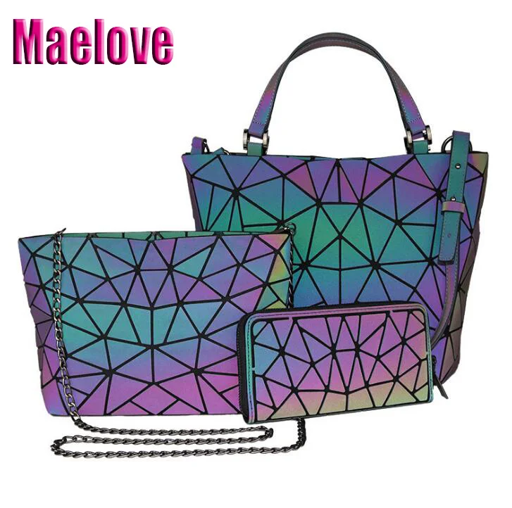 Maelove 1set Luminous bag Women Geometry Handbag Laser Plain Folding Tote Shoulder geometric purse diamond Free Shipping | Багаж и сумки