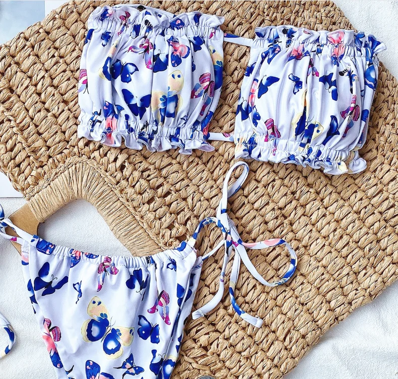 Купальник-бикини женский со складками и завязками комплект из двух предметов с