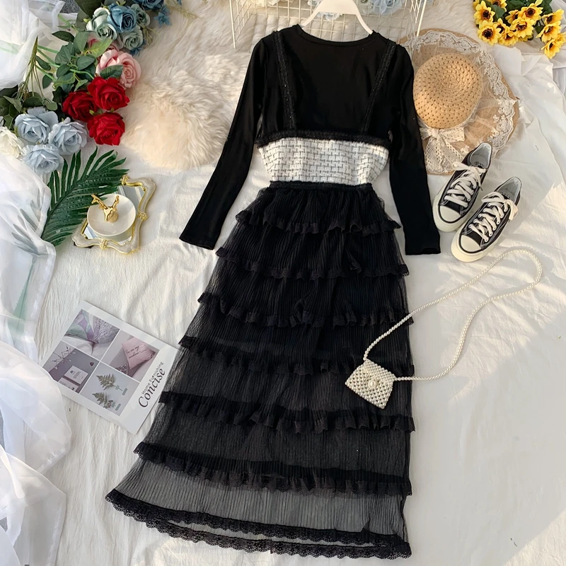 Осеннее женское городское платье до колена с длинным рукавом и каскадной сеткой