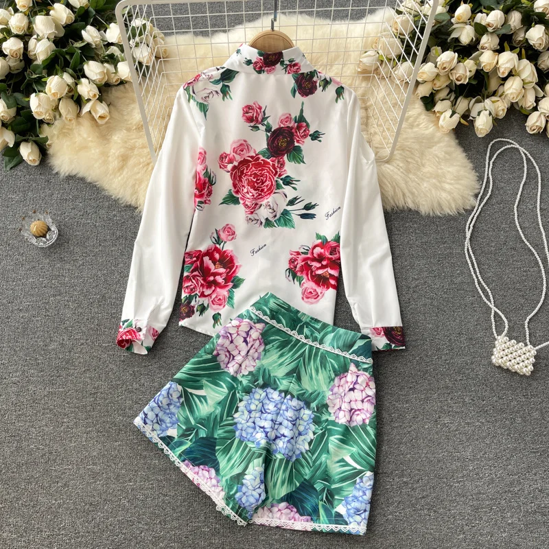 

Women Printing Shirt Shorts Arrivals Lapel Long Sleeve Two Piece Set Fashion Temperament Autumn