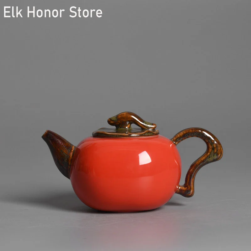 

270ml Retro Handmade Persimmon Ceramic Teapot Vermilion Glaze Kung Fu Tea Personal Master Pots Customized Teaware Gift Packaging