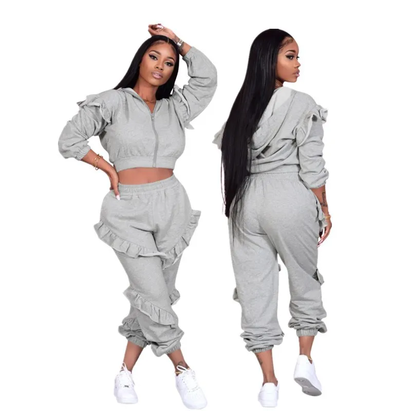 

Pant suits Women Solid Color 2 Piece Set Hooded Zipper Ruffles Long Sleeve Short Top+Elastic Mid Waist Slim Pant Femme Tracksuit