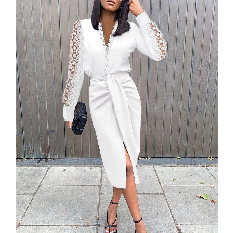 

Fashion Women O Neck Office Slit Dreses Lace Elegant Patchwork Print Commute Lady Long Dress Sexy Hollow Out Party Dress G3244