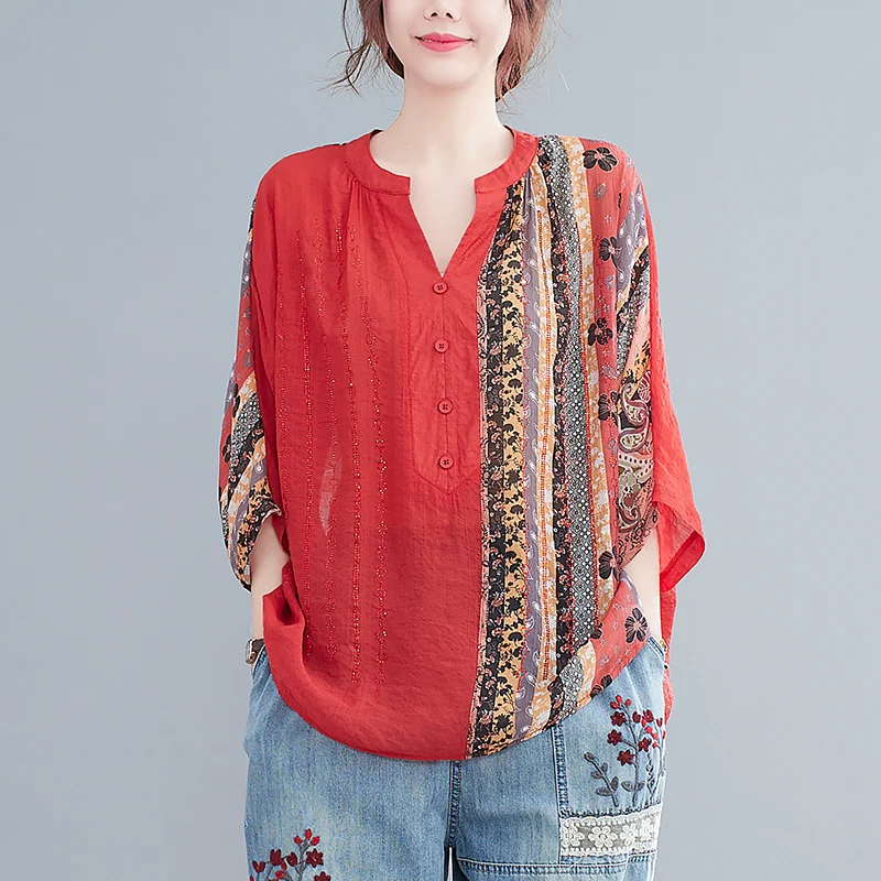 

Женская винтажная рубашка из хлопка и льна, свободная Повседневная Блузка составного кроя с цветочным принтом и V-образным вырезом, лето 2021