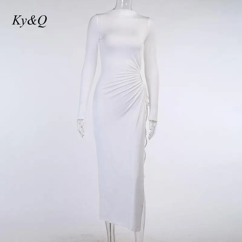 

2021 spring Autumn elegant High collar high split dress sexy Hollow out drawstring long sleeve slim bodycon party Solid dresses