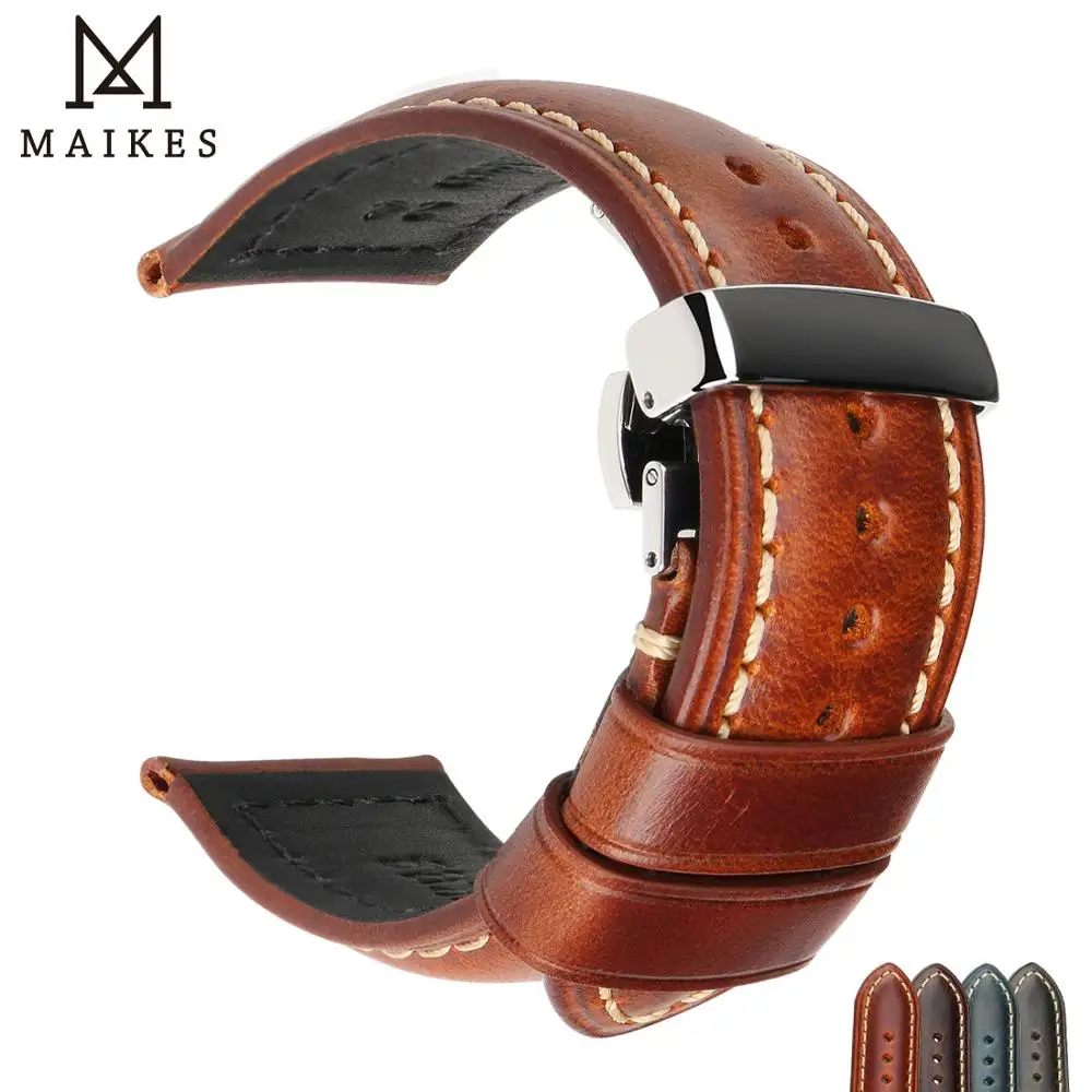 Maikes Handmade Watchbands 18-24mm Blue Brown Women Men Butterfly Clasp Genuine Leather Watch Band Strap Belt 20mm