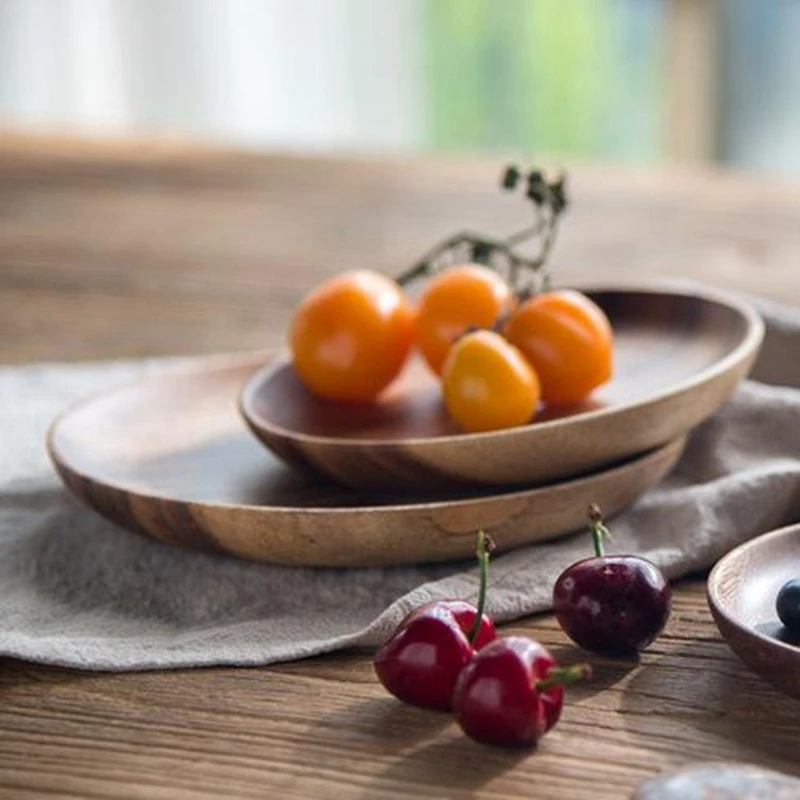

2Pcs Round Wood Plate Whole Acacia Wood Fruit Dishes Wooden Saucer Tea Tray Dessert Dinner Breakfast Plate Tableware Set