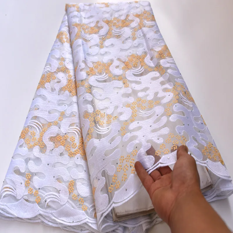 Французская кружевная ткань с камнем, белое золото, африканская кружевная ткань, высокое качество, кружевная ткань с вышивкой для нигерийских, вечерние, mv181