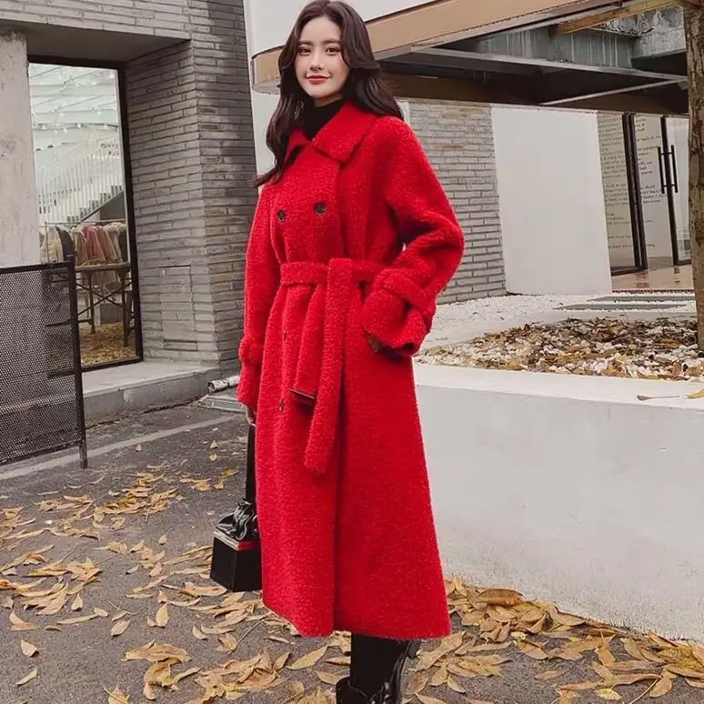 Женское осенне-зимнее длинное пальто из натурального меха ягненка Женская