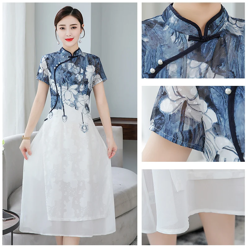 Женское платье в китайском стиле длинное летнее с коротким рукавом улучшенное