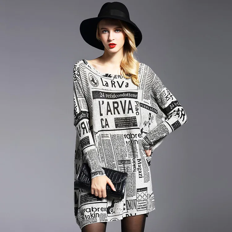 

Autumn New Style Plus Size Women's Loose Hedging Printed Newspaper Mid-length Knitted Sweater Bottoming Wholesale Sueter Mujer