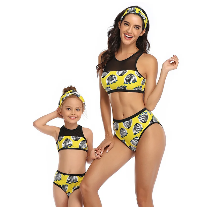 Bunvel/купальный костюм из двух предметов для мамы и дочки Пляжная одежда неонового