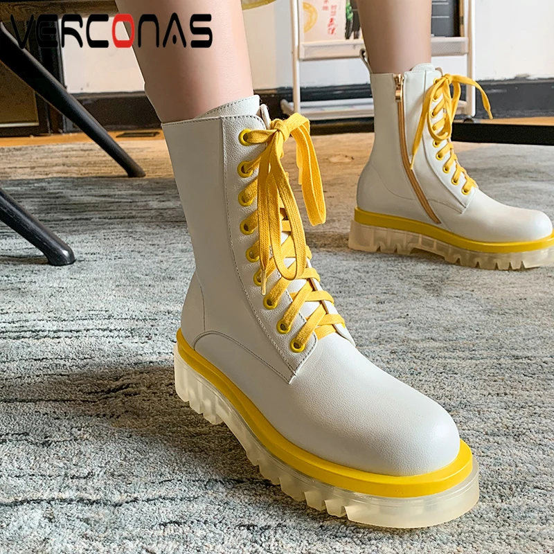 

VERCONAS Autumn Winter Women Ankle Boots Genuine Leather Lace-Up Casual Popular Platforms Motorcycle Boots Shoes Boots Woman