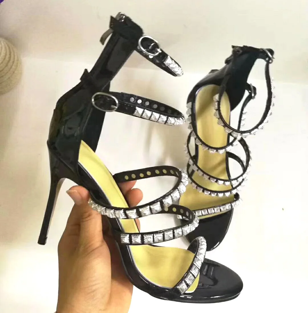 

Golden Silver Rivets Studs Straps Gladiator Women Sandals Stiletto Heels Open Toe Summer Ladies Cut Out Shiny Party High Heels