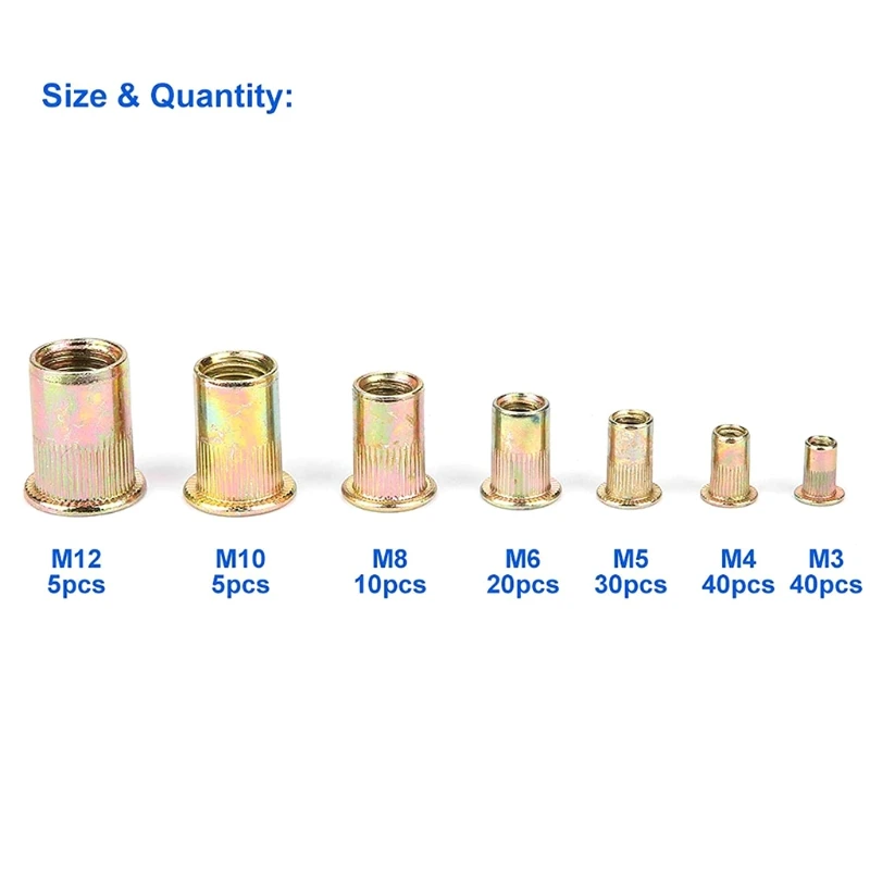 

K1KA 150 Pieces Carbon Steel Nuts Kit Yellow Zinc Plated Finish Flat Head Threaded Insert Nutsert Assortment Kit Assort